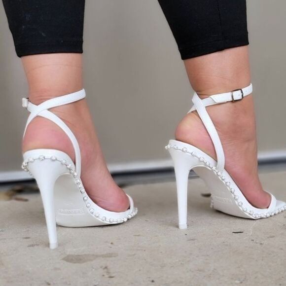 Women's White Rhinestone Lined High Heels - Picture 3 of 5